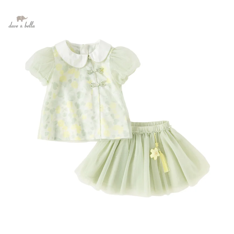 Dave Bella Girl's Suit 2024 New Summer Children Two-Piece Set Short Sleeves Skirt Mesh Charm Sweet Fashion Casual Cool DB2241018