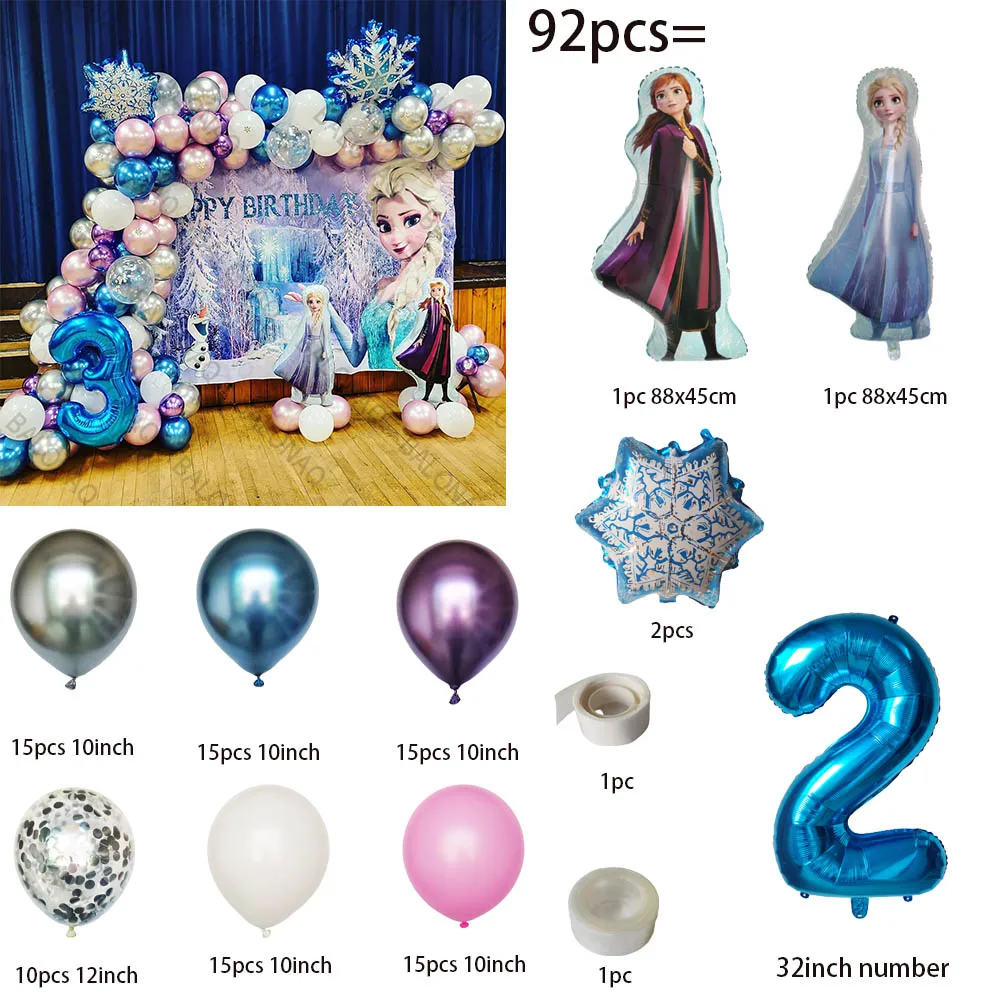 92 Uds. Fondo de pared con tema de Disney, decoración de fiesta de Frozen, globos de aluminio de Elsa y Anna, bola de números, fiesta de cumpleaños para niñas y niños