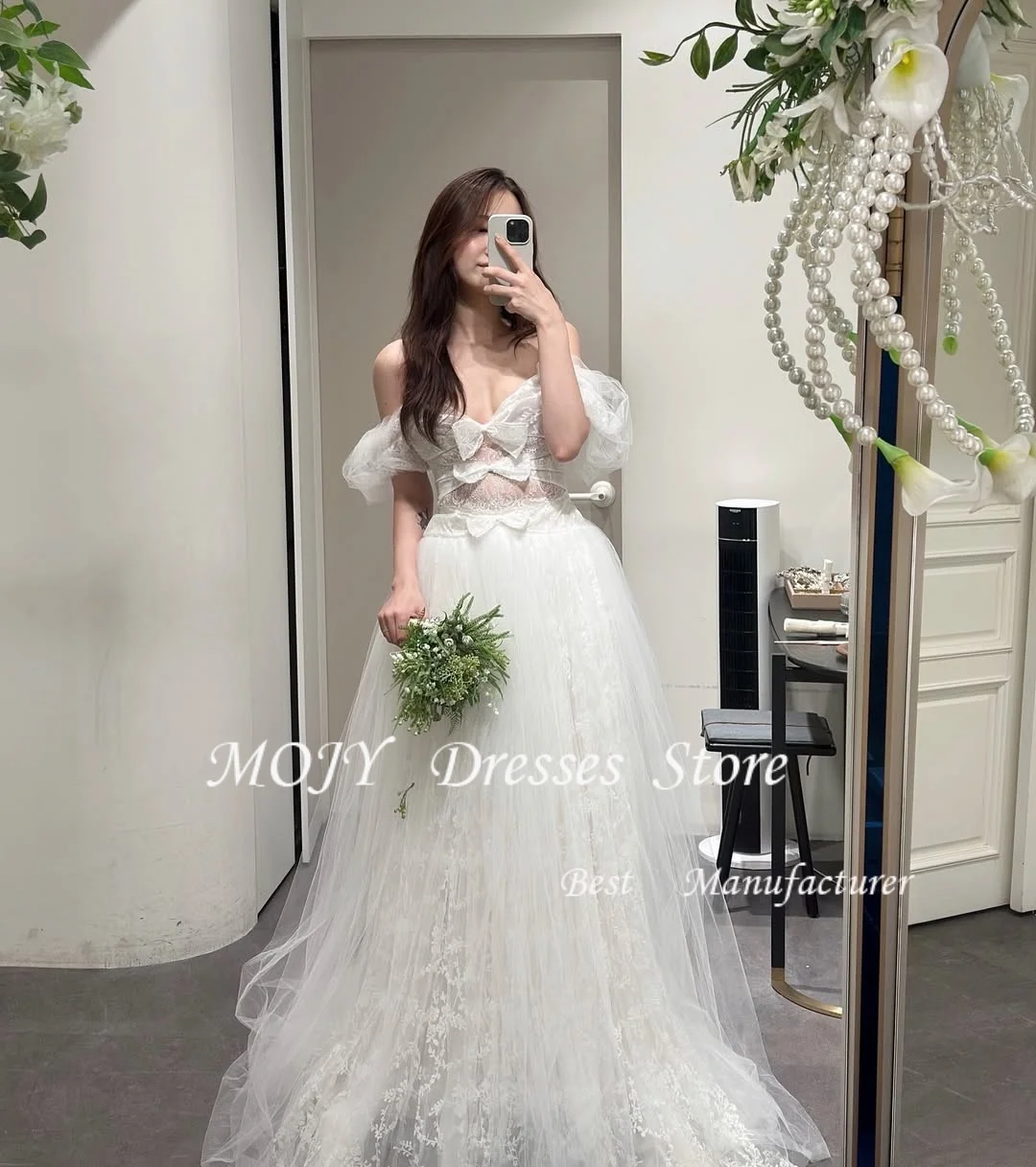 Mojy Schulterfreies Hochzeitskleid Korea Fotoshooting Kurzarm A-Linie Abendkleid Weicher Tüll Bodenlang Maßgeschneidert