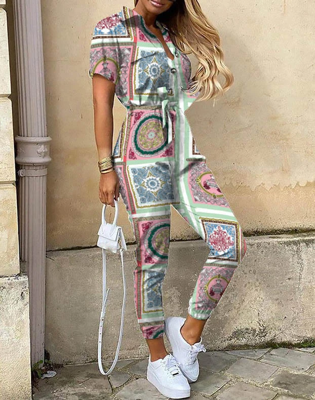 Casual Short Sleeve Print Jumpsuit Women Summer Fashion Button Lace Up Jumpsuit Women 2023 Office Lady Autumn One Piece Overalls