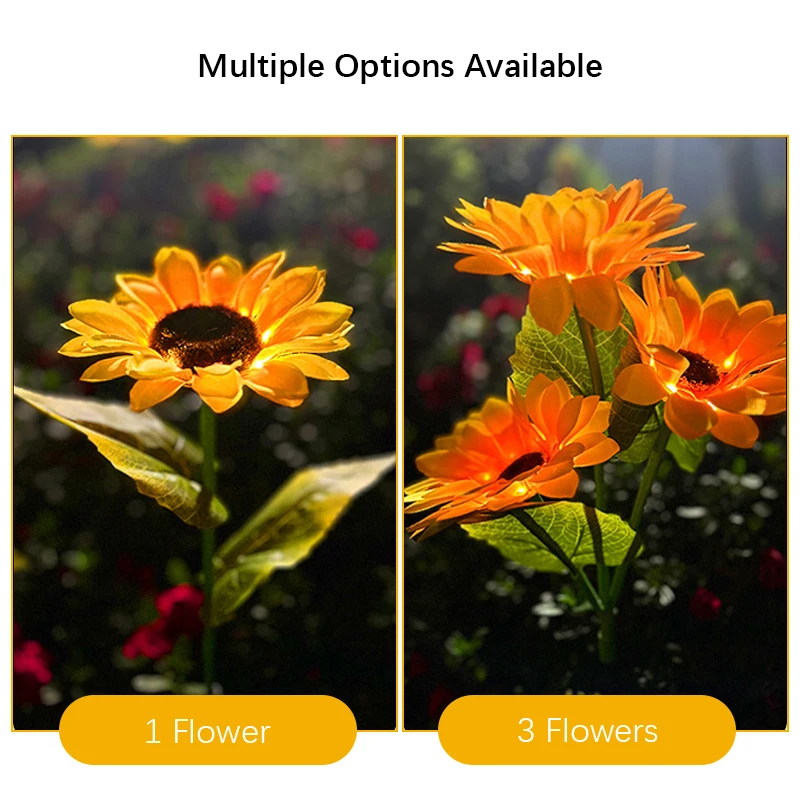 1/3 Head Solar Sunflower Lights Simulated Flower Garden Stake Waterproof Outdoor LED Decor for Yard Lawn Patio view 3