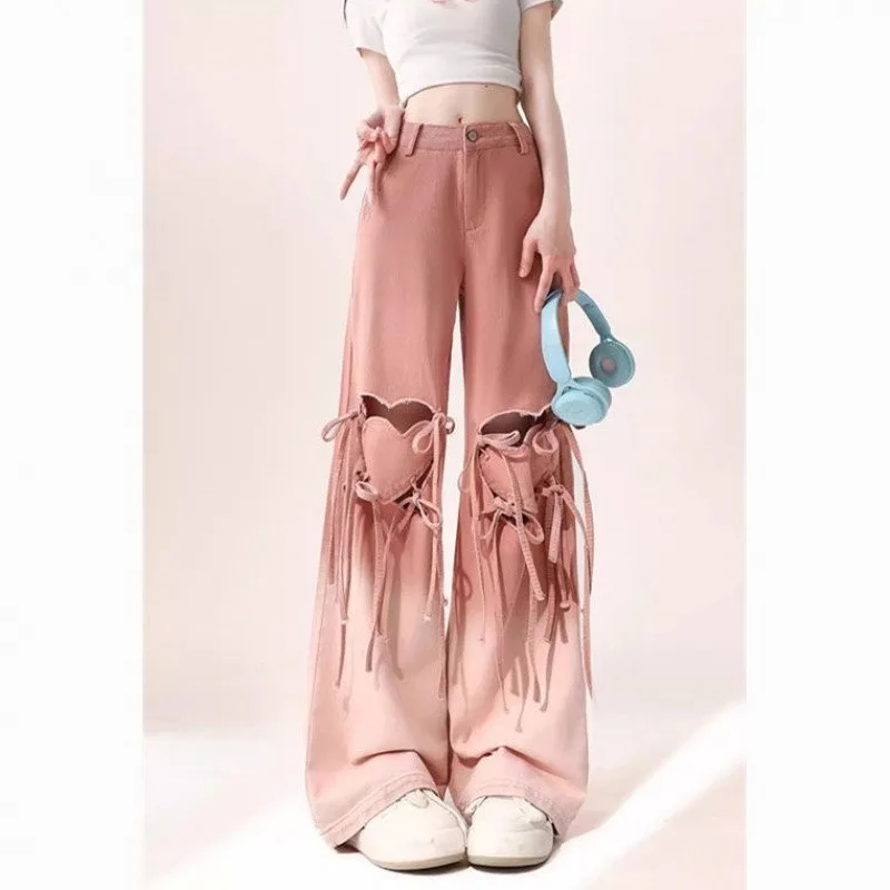 2026 New Women Y2K Heart Cutout Wide Leg Jeans Vintage Wash Distressed Lace Up Baggy Denim Pants Gothic Punk Streetwear Trousers