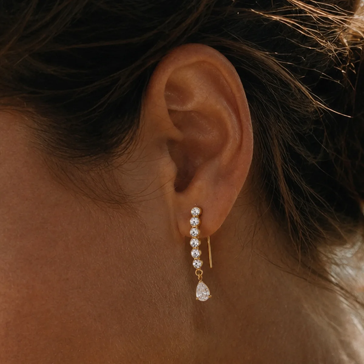 Elegant Threader Drop Earrings 18K Gold Plated 316L Stainless Steel Waterproof Tarnish Free CZ Dangle Earrings