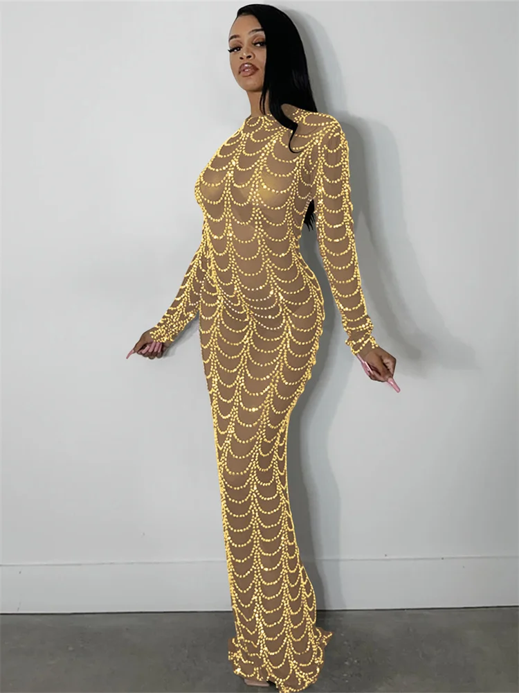 Seltsame Puss Mesh Durchsichtig Langes Kleid Frauen Strass Dekoration Volle Hülse Dünne Wrap Hüfte Mitternacht Sexy Coquette Vestidos