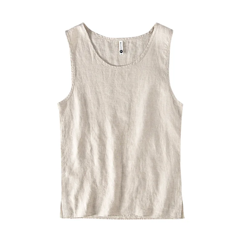 L886 High Quality 100% Linen Vest Men Summer Fashion Solid Color O-neck Sleeveless Waistcoat Simple Casual Loose Daily Tank Tops