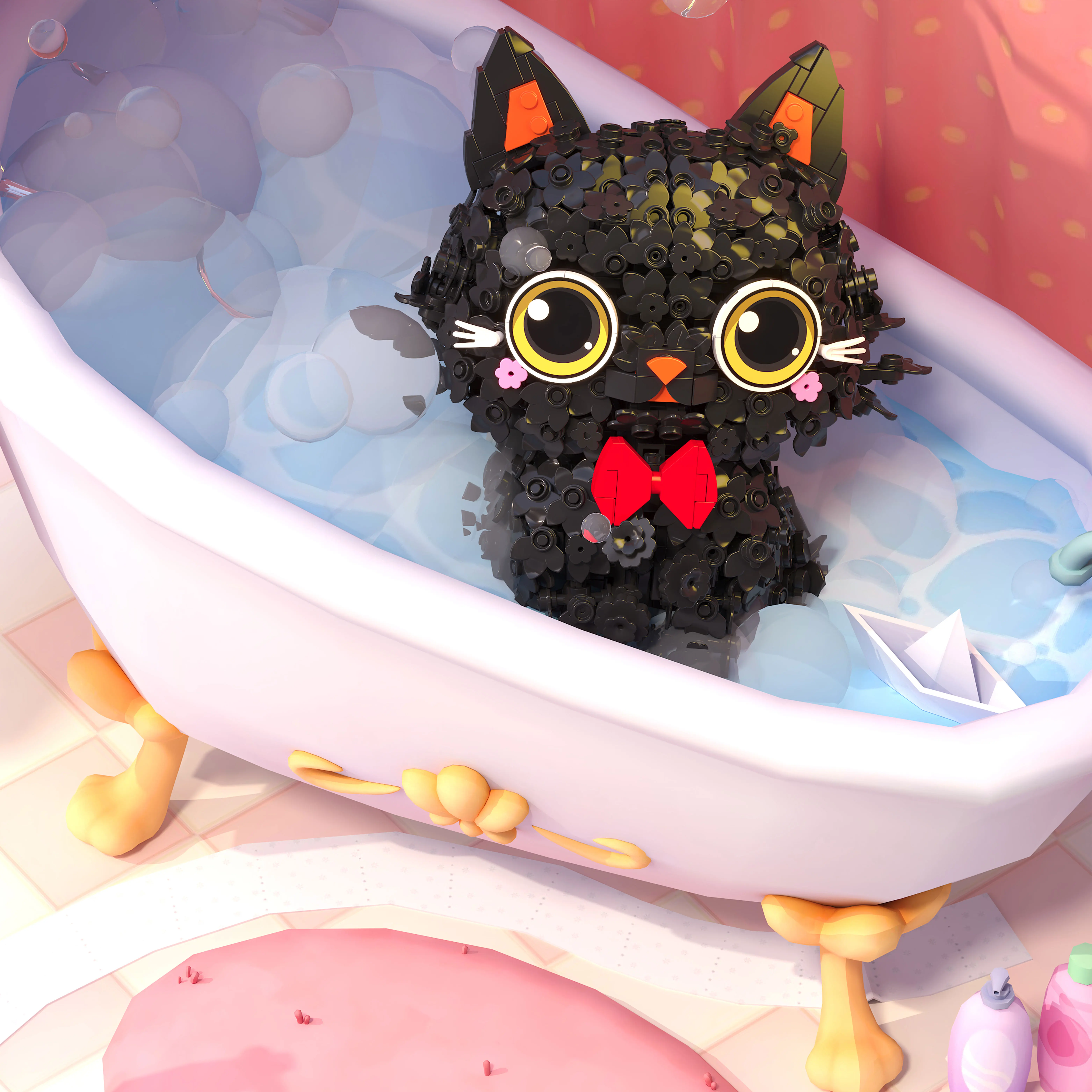 Gato negro dulce con pétalos de flores, Mini bloques de construcción, juguetes de desafío de alta dificultad, modelo Darling, regalo de vacaciones, decoración del hogar