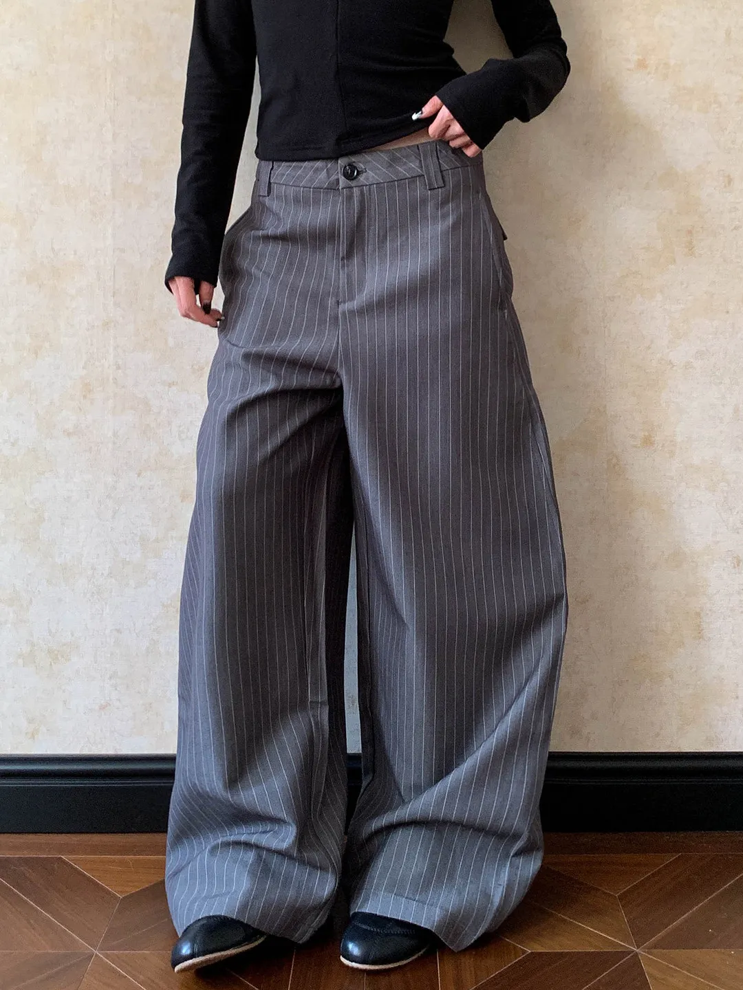 

American High Street Grey Striped Wide Leg Casual Pants Men's Loose Drapey Retro Style Couple's Bent Knife West Pants