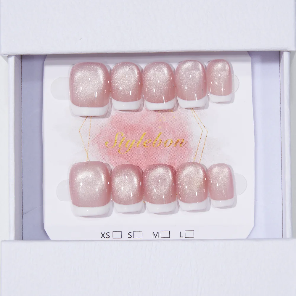

10pcs Handmade Press on Nails White Peach French Cat Eye Flashing Full Coverage Nail Tip for Women&Girl Detachable Wearable Nail