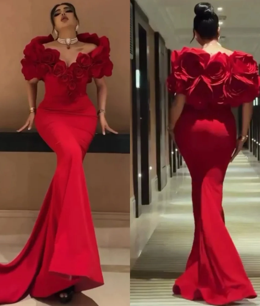 

MCDV Customized Graceful Jersey Mermaid Off the Shoulder 3D Flowers Evening Dress High Quality V-Neck Short Sleeves Prom Gowns