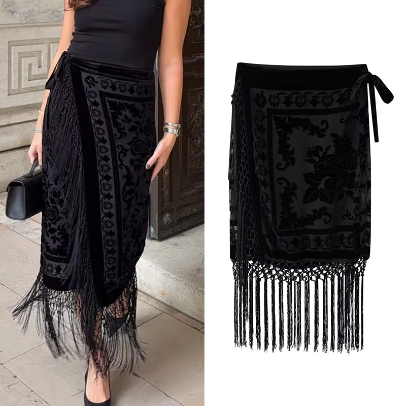 

Women's Skirts 2026 New Spring Summer Black Tassel-Embellished Velvet Skirt Elegant Chic Personality Female Skirt
