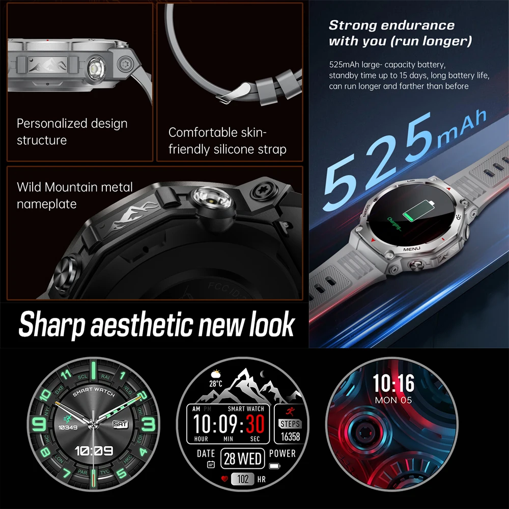 2025 مصباح يدوي عسكري رياضي ساعة ذكية رجل مدمج ثنائي النطاق GNSS البوصلة 5ATM مقاوم للماء 1.43 بوصة AMOLED HD Smartwatch