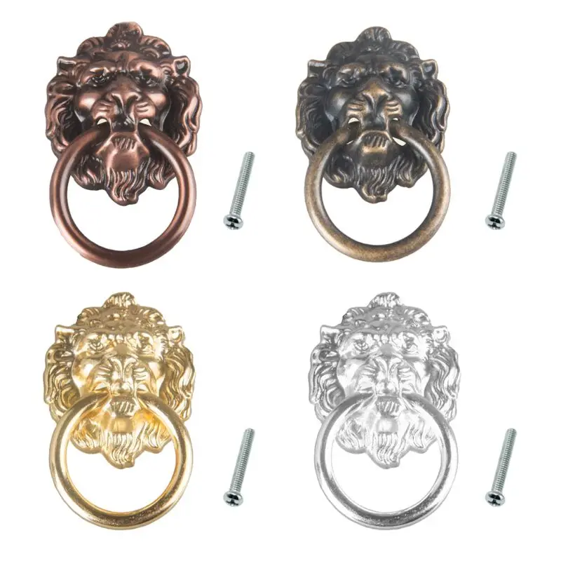 Drawer Knob Retro Metal Cabinet Cupboard Door Pulls Lion for Head Shaped Vintage Ring Pulls Wardrobe Box Handle Househol