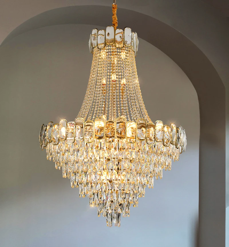 

Современная хрустальная люстра для гостиной, роскошный золотой подвесной светильник для фойе, вестибюля, большой подвесной светильник
