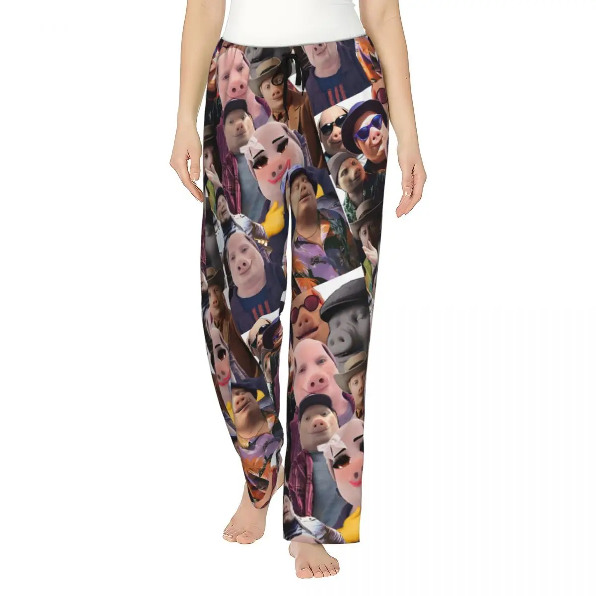 カスタムジョンポークが呼んでいるパジャマパンツ、女性用スリープウェア、伸縮性ウエストバンド付き、面白い豚柄スリープラウンジボトムス（ポケット付き）