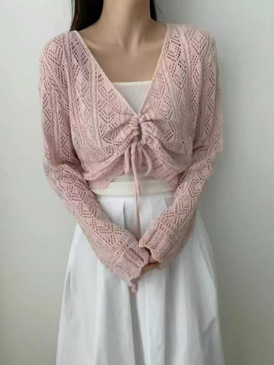 Korea Chic Sweet Hollow Out Short Cardigan Braid Long Sleeve Casual Thin Knit Smock Drawstring All-match Summer New Mujer