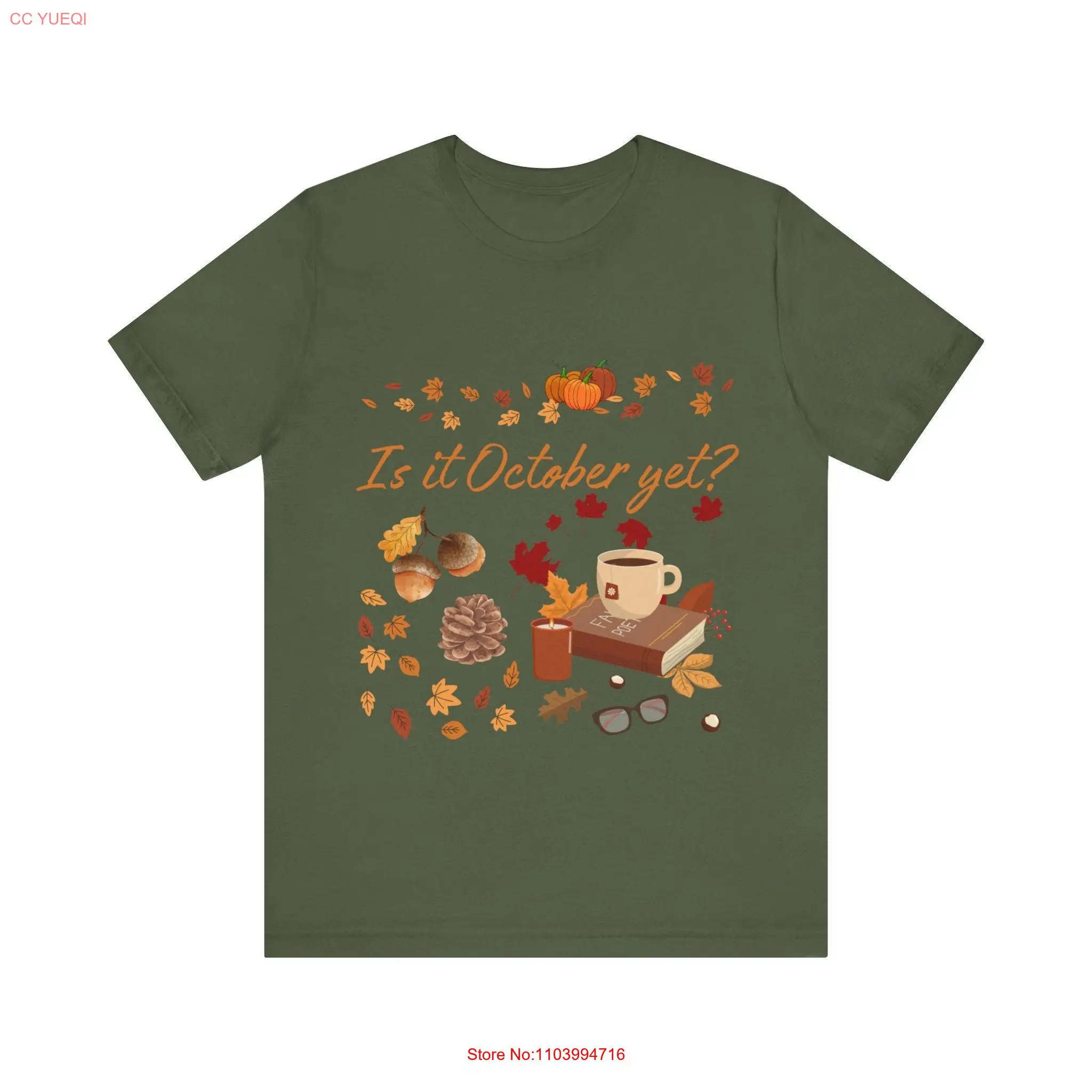 Is It October Yet Fall Autumn Jersey  T Shirt Soft Leaves Pumpkins Acorns Pinecone Reading Candle Coffee Book Cozy