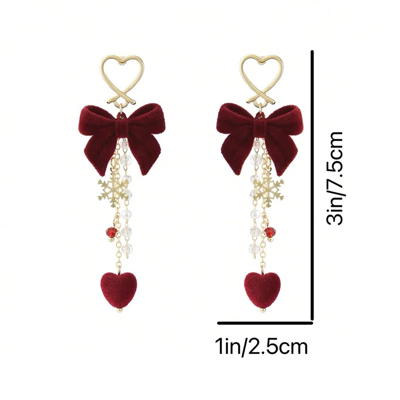 الأحمر توافدوا Bowknot ندفة الثلج ستار القلب الأقراط الطويلة عيد الميلاد الحلو الأزياء والمجوهرات النساء هدايا السنة الجديدة