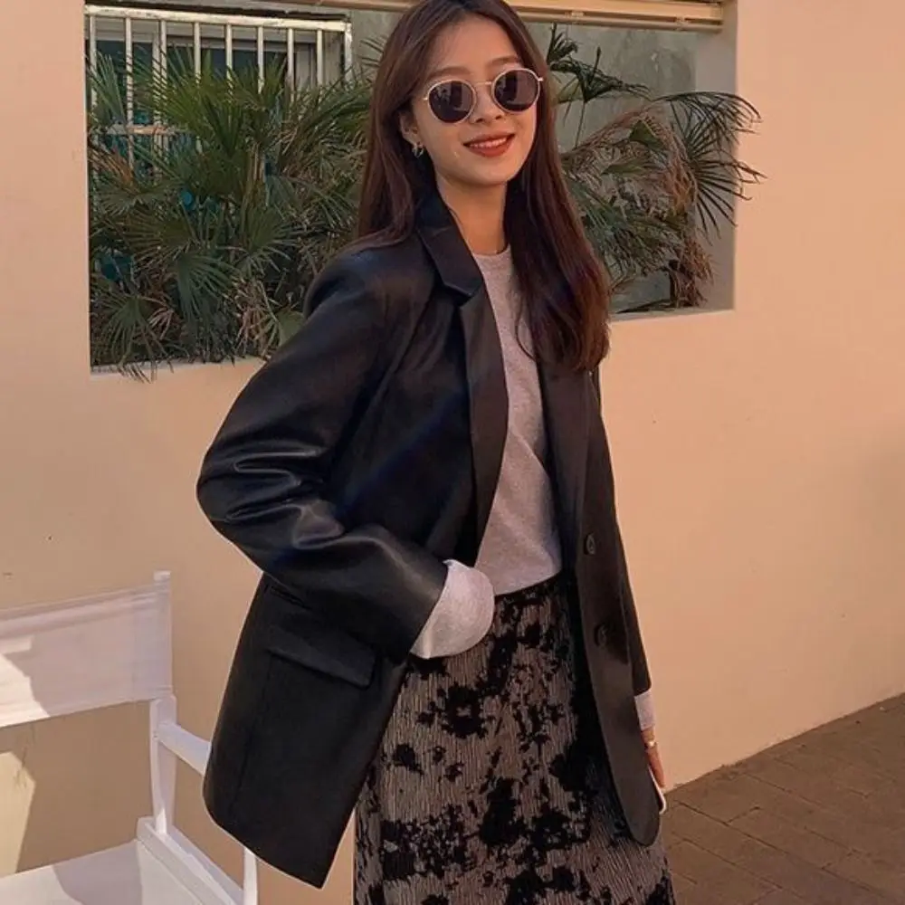 

Fashion Lapel Collar Leather Jacket Women Outerwear Retro Vintage PU Coats Korean Chic Loose Windbreaker Jackets Holiday