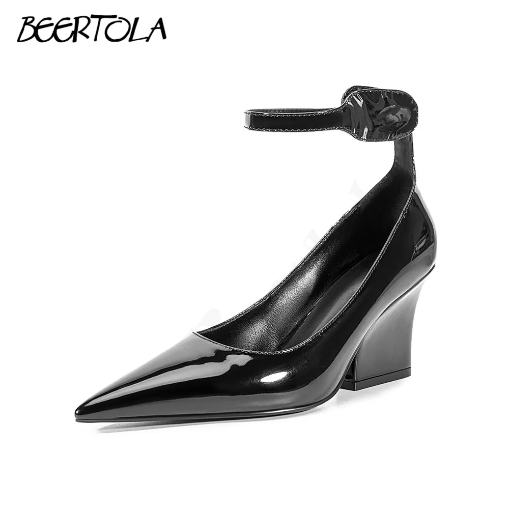 Black Wedge-Heeled Patent Leather High Heels Pointed Toe High Heel Pumps New Catwalk Buckle Large Size Women's Shoes