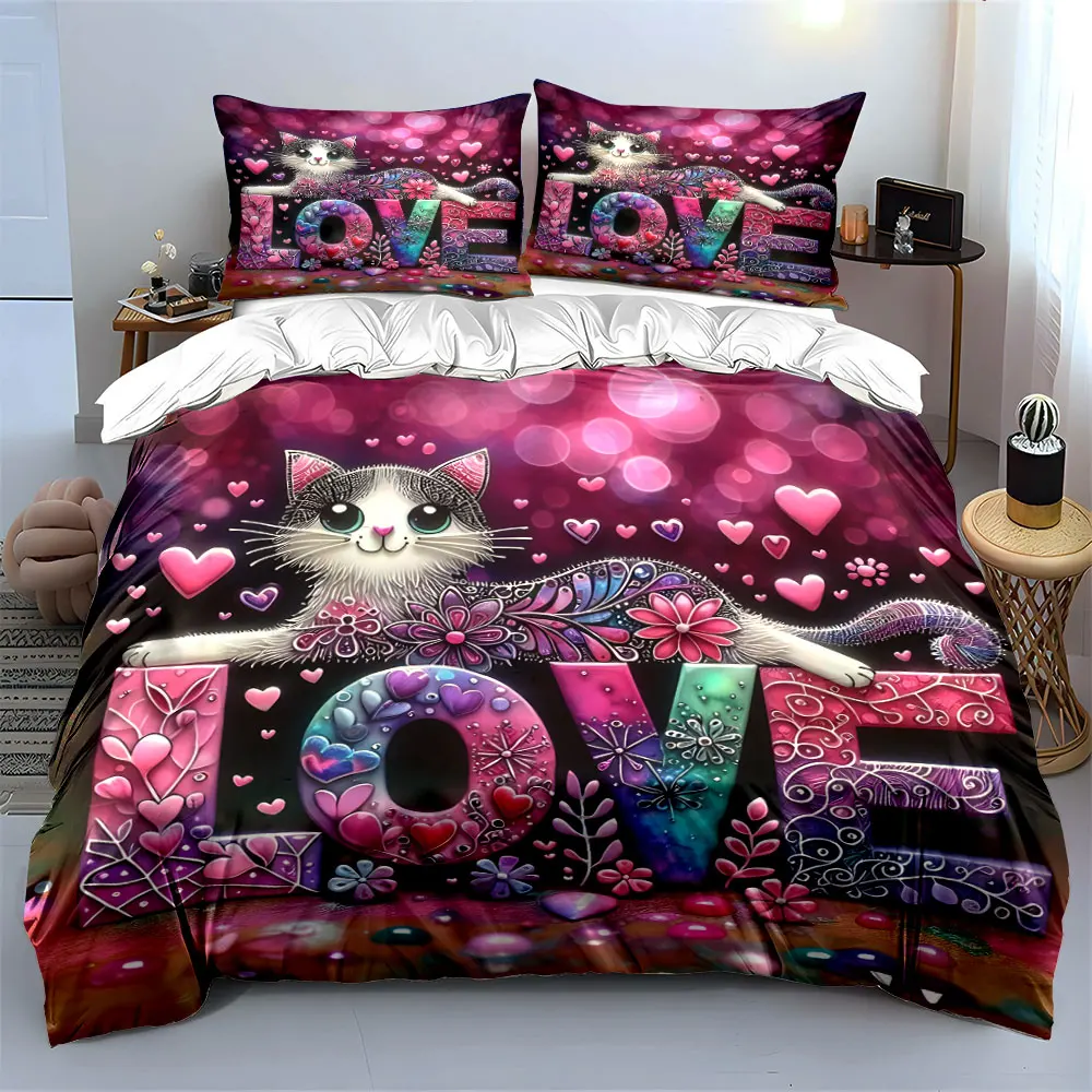 

Love-Themed Cat Artwork Set Soft Skin-Friendly Bedding Set Includes 1 Duvet Cover And 2 Pillowcase, Gift
