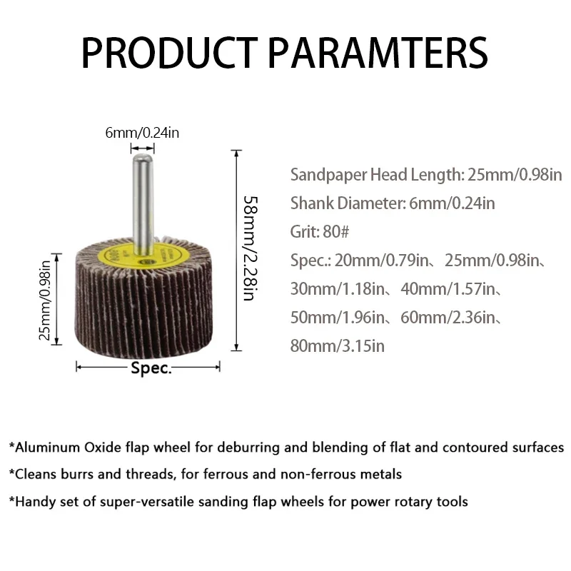 Dia 80# 6mm Accessories Rotary Tool Grinding Buffing Sandpaper Flap Wheel Head with Mandrel for Rotary Mini Drill