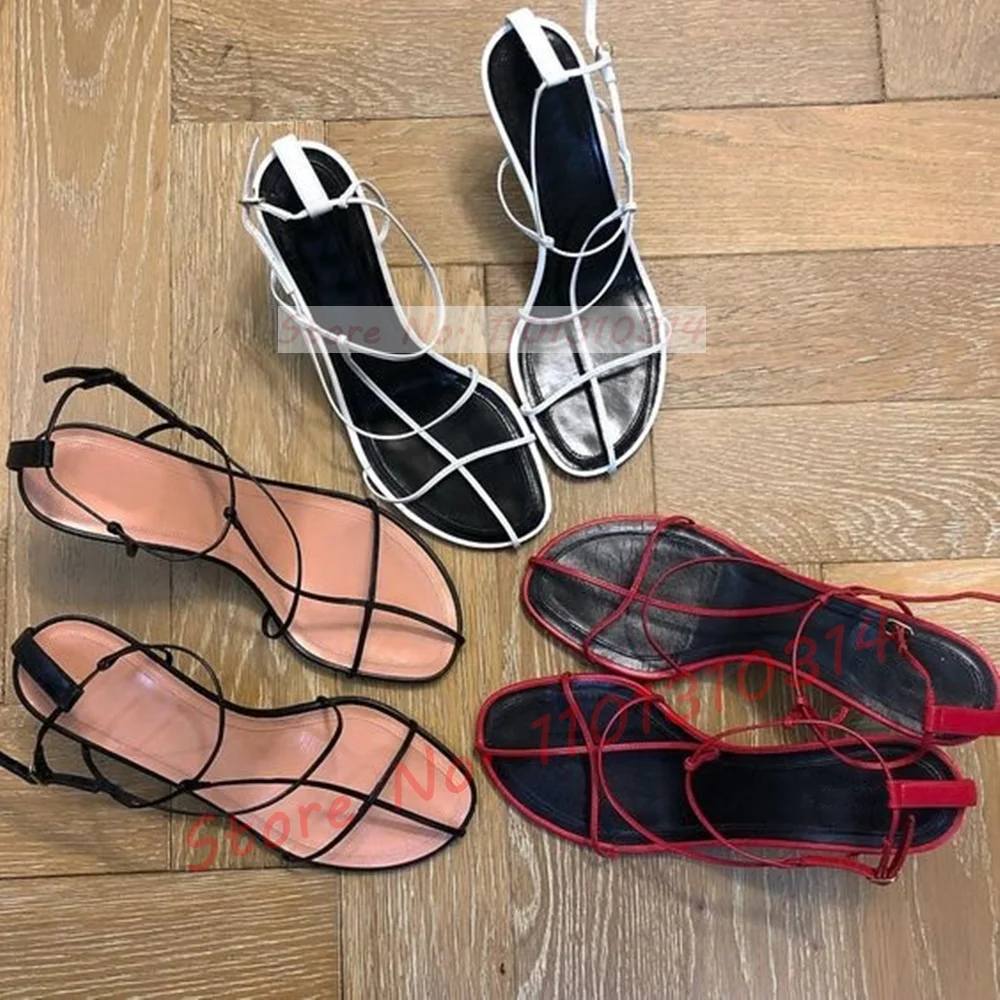 Red Thong Heels Women Sandals Summer Sexy Ankle Strap Cut-out T-strap Gladiator Sandals Lady Tie-up Concise Trending Dress Shoes