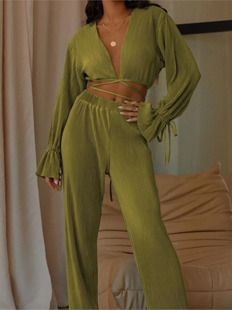 

Fashionable Flared Sleeve Lace Up Waist Exposed Short Top Pants Two-piece Set Summer New Color Women's Sexy V-neck Casual Set