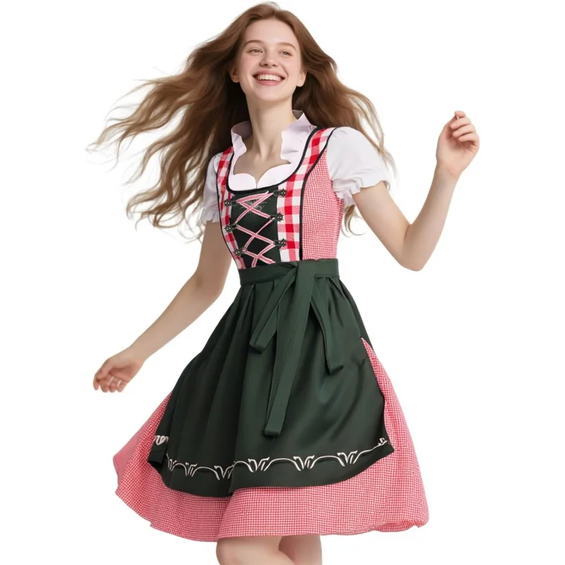 

Oktoberfest Costumes Women with Apron, Red and White Checkered German Dirndl Dresses, October Festival Outfit