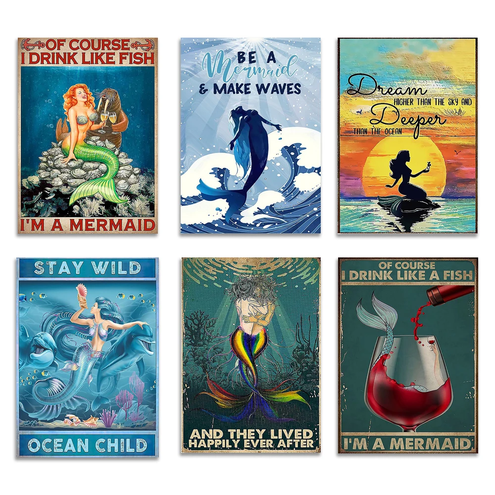 The sea calls my soul mermaid, mermaid salty witch, liuye ocean children mermaid, be a mermaid, make waves retro mermaid poster