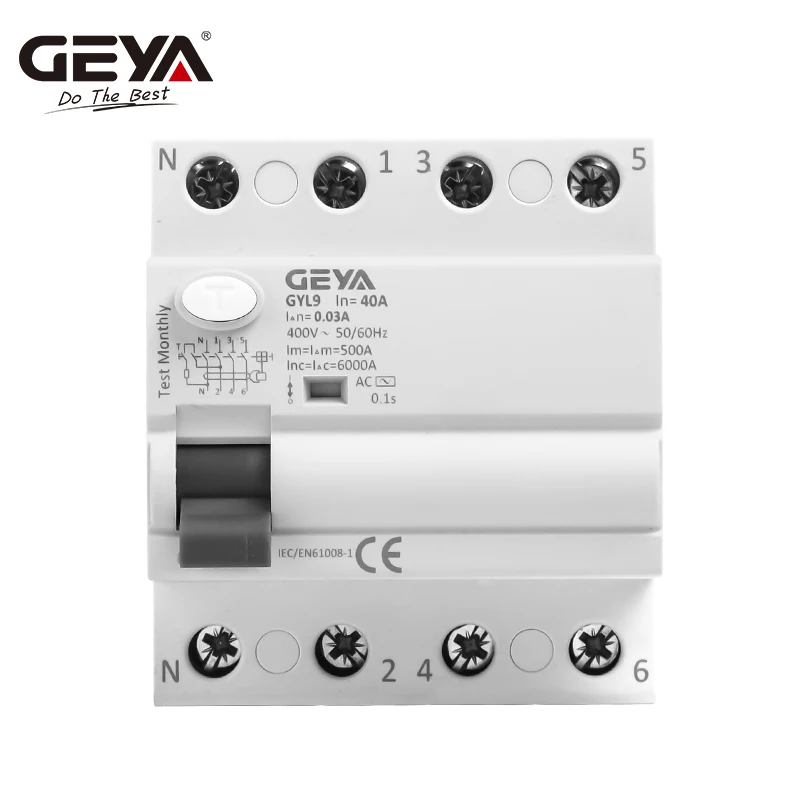GEYA GYL9 AC Residual Current Circuit Breaker Differential Breaker Safety Switch 4P 25A 40A 63A 100A ELCB 30mA 100mA 300mA