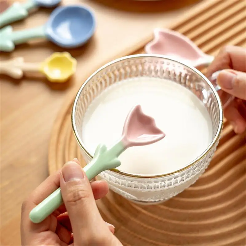 Kawaii Ceramic Flower Spoon Tulip Shaped Cute Milk Ice Cream Dessert Soup Spoon With Long Handle Kitchen Tableware Accessories