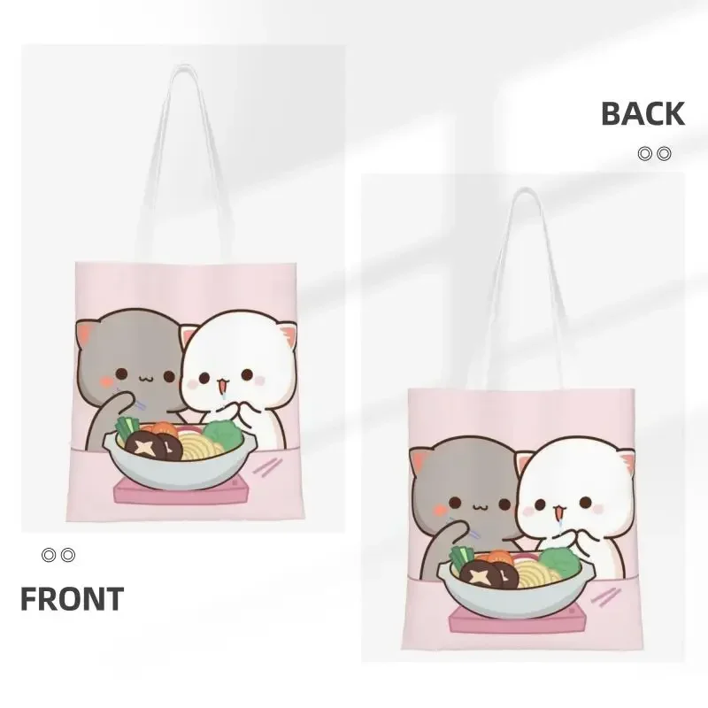 Kawaii Printed Peach And Goma Eating Salad Shopping Tote Bag Portable Canvas Shopper Shoulder Handbag