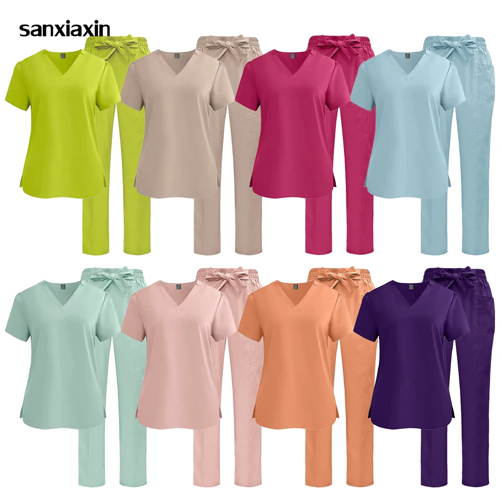 conjunto-de-roupas-multicoloridas-para-esteticistas-uniformes-medicos-para-enfermeiros-vestuario-clinico-para-dentistas-blusa-com-decote-em-v-e-calcas-com-bolsos