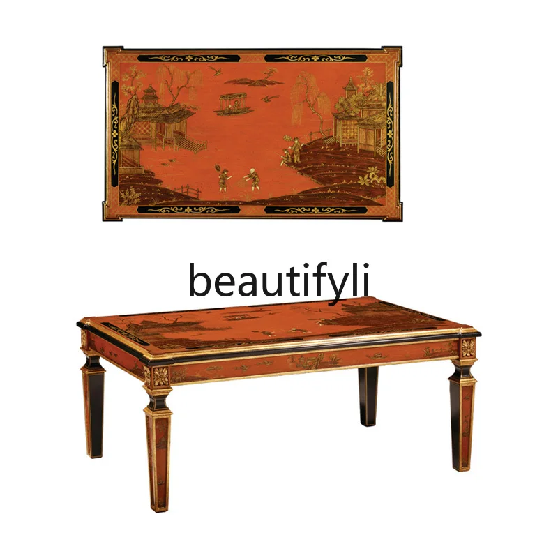 

Hand-painted Heavy Craft Gold-painted Art Luxury Coffee Table European French Chinese Style Gold Foil Villa