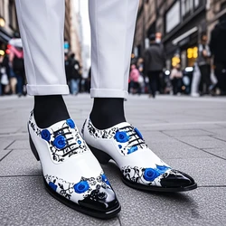 Spring Men dress shoes Luxury stage show Grace Gentleman leather lace up Men's shoes metal Pointed Dress shoes Wedding shoes