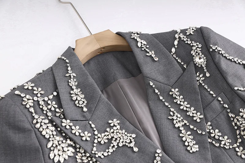 Gray Blazer Handmade Crystal Inlaid Diamond Long Blazer Dress Jacket Double Breasted Button Blazer Suit Outfit Women