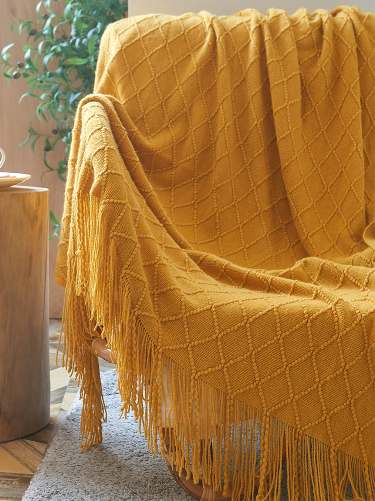

Nordic Sle Sofa Blanket Casual Nap Cover Dustproof Knitted Diamond Pattern Living Room Couch Drapery Tassel Decorative Cloth