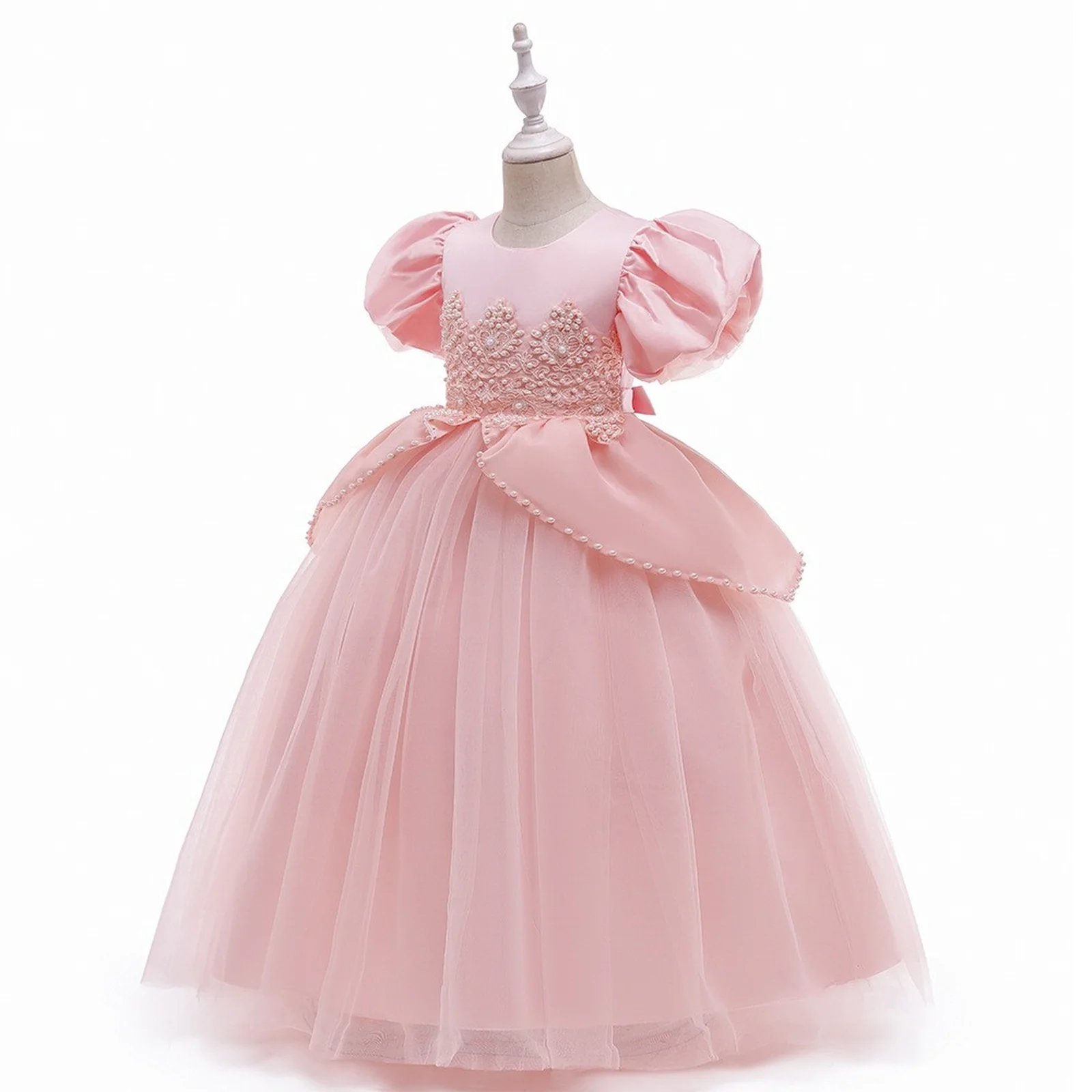 

Girls Pink Dress Costume Kids Lace Pearl Decoration Puffy Gown Gorgeous Holiday Party Dress Birthday Gift