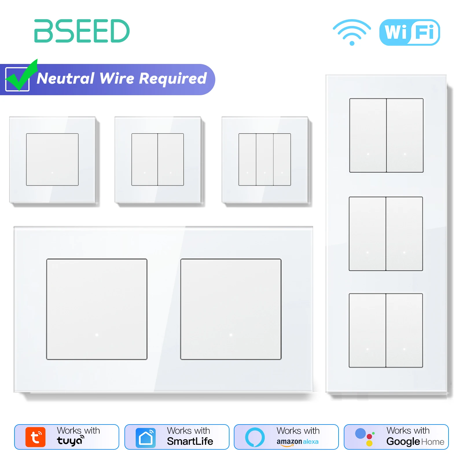 BSEED WIFI Switches Series 1/2/3/4Gang Wall Smart Click Light Switches Yellow Backlight Glass Frame Tuya APP Switch EU Standard