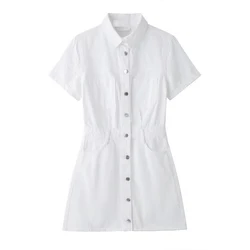 Tangada 2024 Women White Denim Dress Short Sleeve Female Mini Dress 3h0639