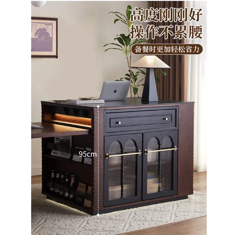 Retro solid wood island dining table integrated retractable small apartment medium and ancient style multi-functional home