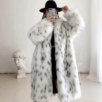 Image Women's Fur Coat Imitation Fox Fur Coat Black Dot Leopard Print Suit Long Length Large Size Winter Warm Leather Windbreaker