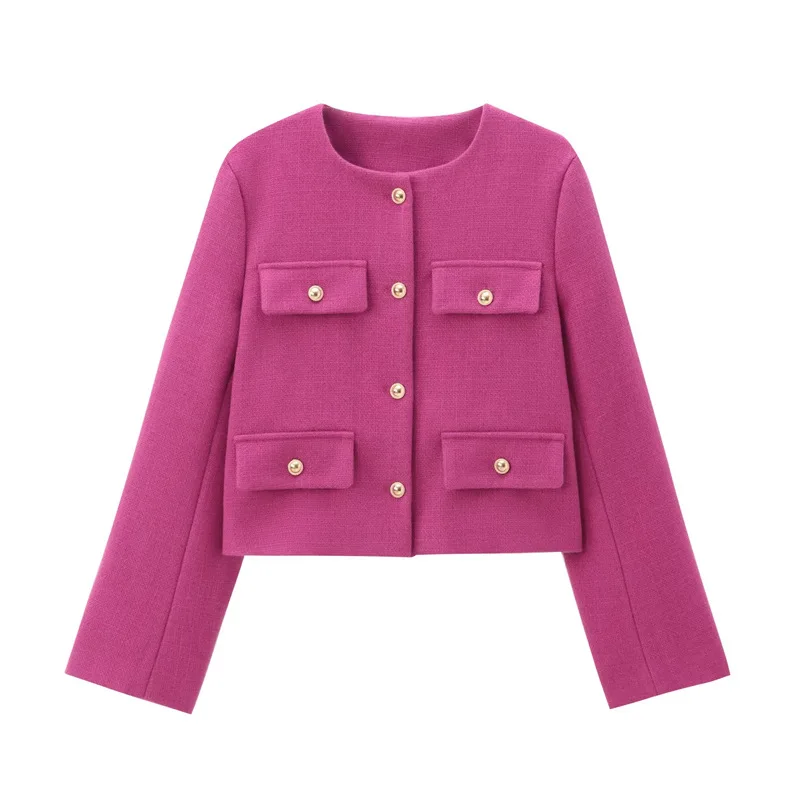 

2025 Women's Solid Color Round Neck Button Trim Short Fashionable Versatile Suit Jacket Women's Jackets Women Clothes Jacket