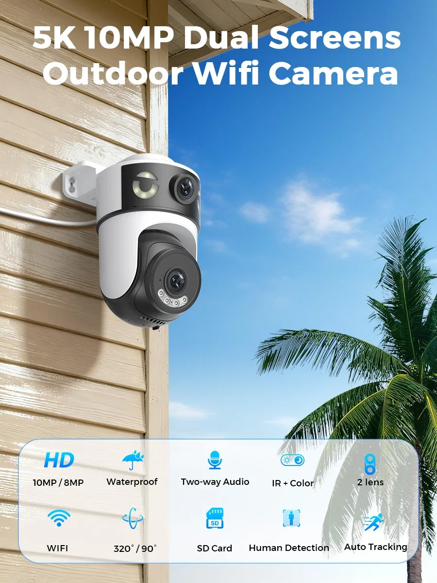 10MP 5K Dual Lens Dual Screens Wifi Camera Smart Night Vision 8MP 4K ICSEE APP Surveillance Camera SD Card Storage Home Security