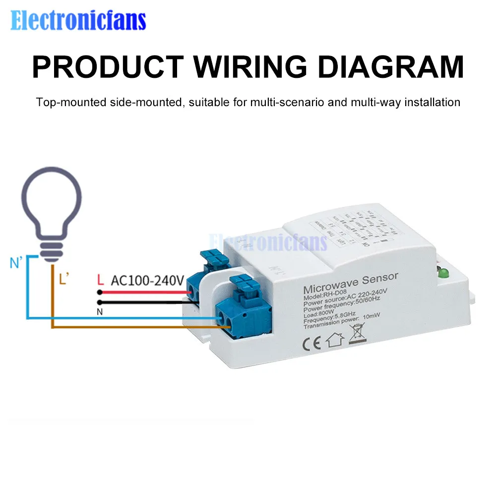 AC220-240V 5.8GHz Microwave Radar Sensor Switch Multi-Adjustment Body Motion Detector High Sensitivity LED Light Sensor Switch