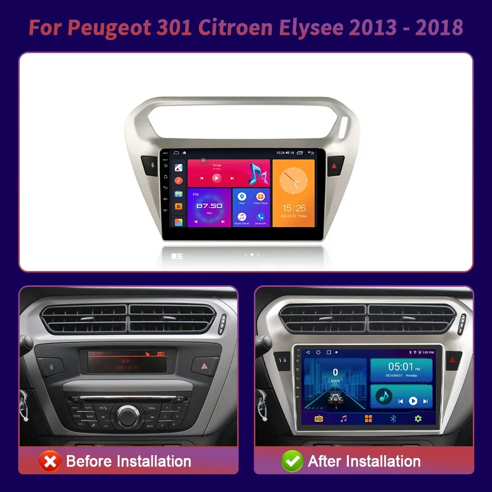 Android 14 Car Multimedia Radio For Peugeot 301 Citroen C Elysee Year 2013 - 2018 GPS Navigation 5G WiFi Touch Screen Stereo