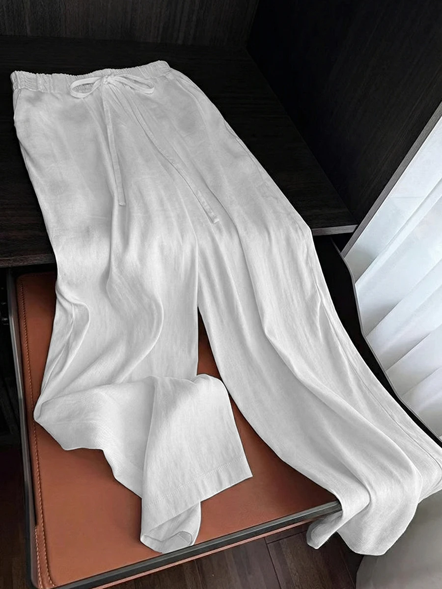 Spring Autumn Women Casual Loose Wide Leg Pants Solid Color High Elastic Waist Drawstring Trousers Fashion Flowy Basic Pants