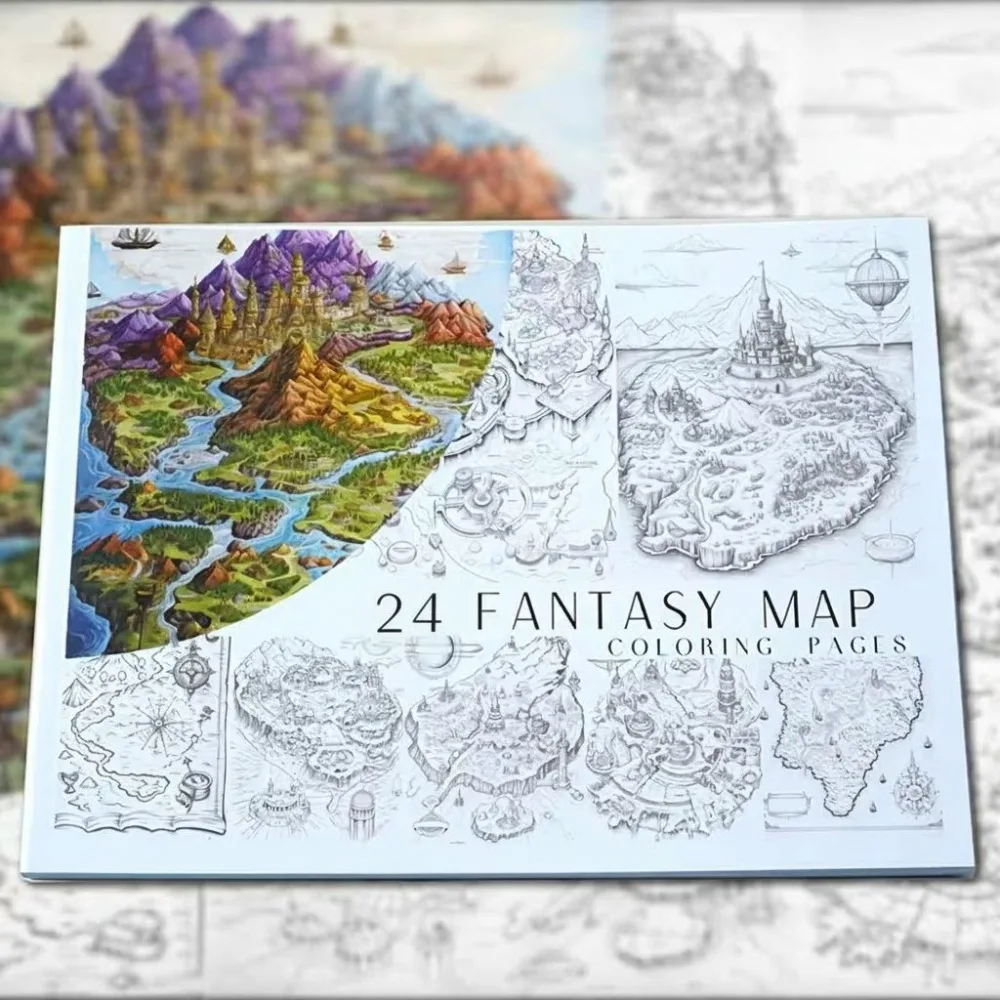 A4 Spiral Fantasy Map Coloring Book for Adults 24 Pages Legendary Land Designs Relaxing Art Therapy Creative Gift