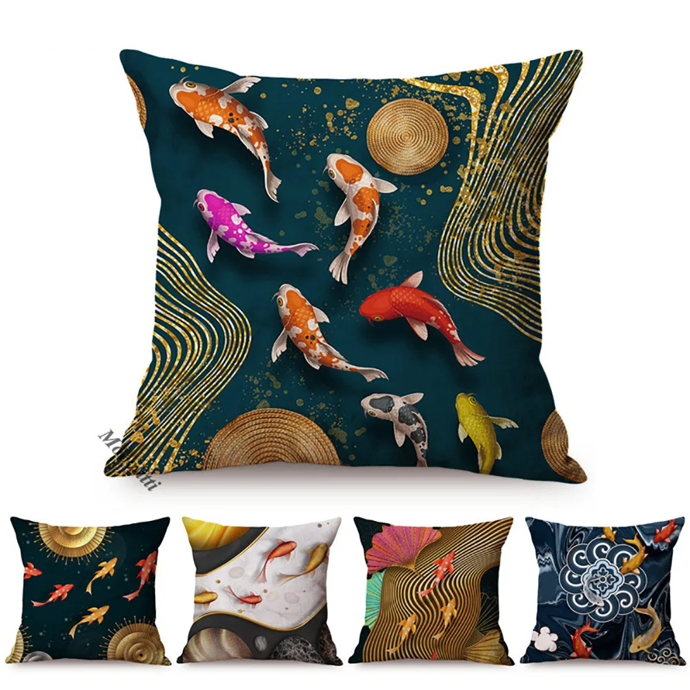 Modern Gilding Metallic Goldfish Luxury Cushion Cover Wave Golden Line Creative Home Decorative Sofa Throw Pillow Case cojines