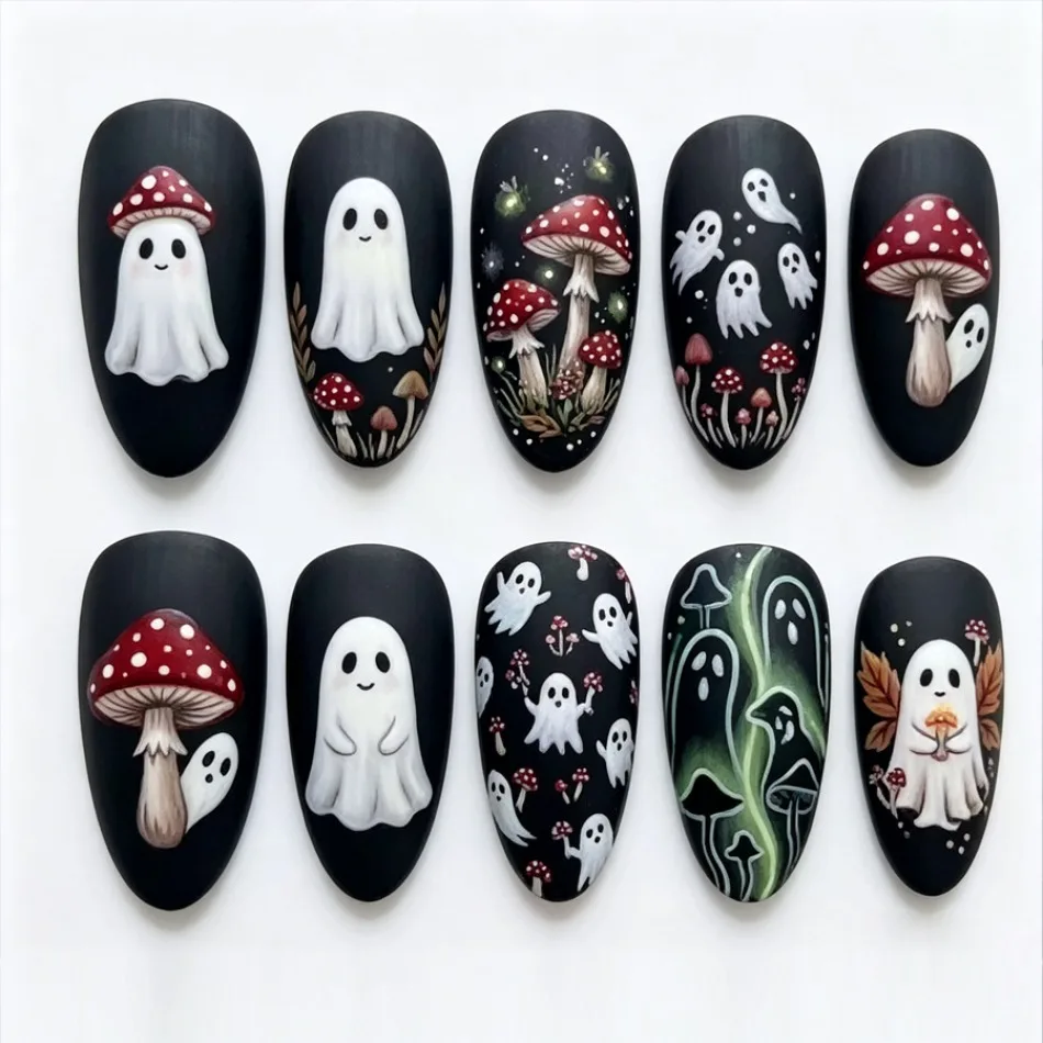 Spooky Halloween‑themed Press On Nails Hand‑painted Ghost Mushroom Oval False Nails Reusable Cosplay Holiday Party Manicure JT39
